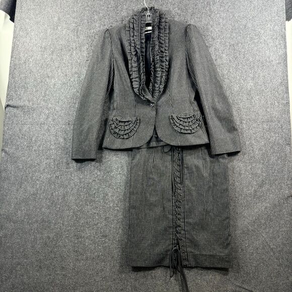 Anne Fontaine Skirt Set Women's 38 Gray Charcoal Pinstripe Wool Blend Blazer